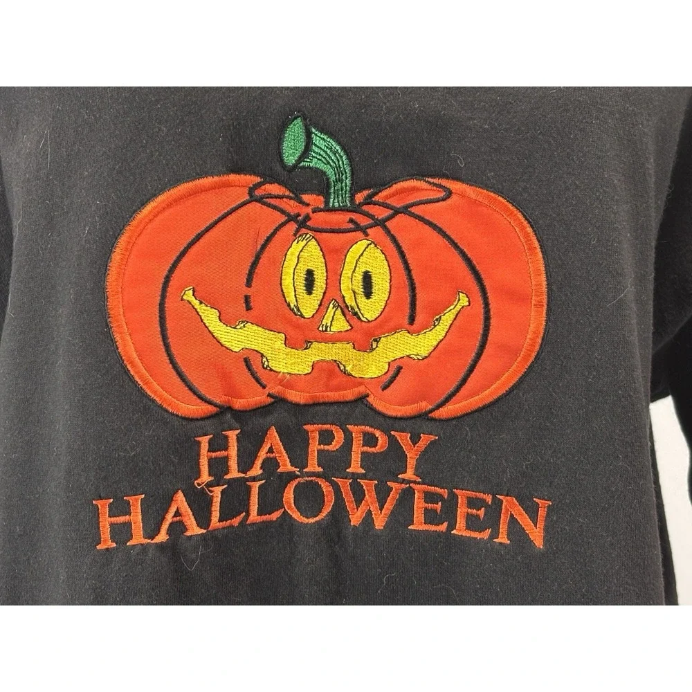 Vtg Oarsman 913 Halloween Tshirt Sz Large Black Embroidered Jack O Lantern 90s